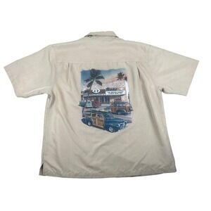 Cubavera Mens Large Tan Rayon Blend Huntington Beachcruisers Graphic Camp Shirt